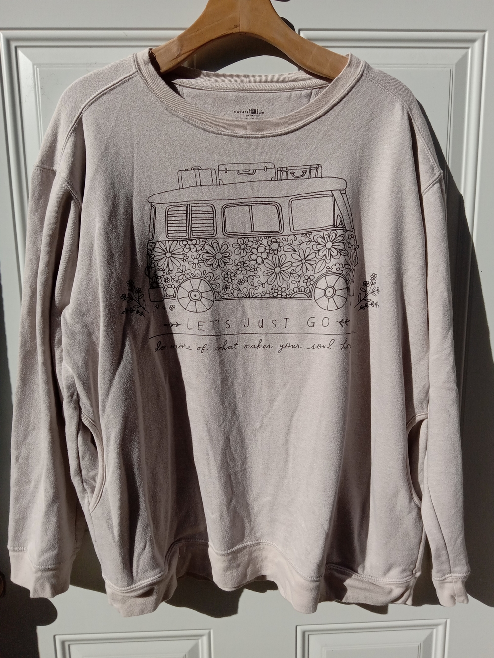 Natural Life "Let's Just Go" Floral Camper Sweatshirt Beige w/ Pockets Medium